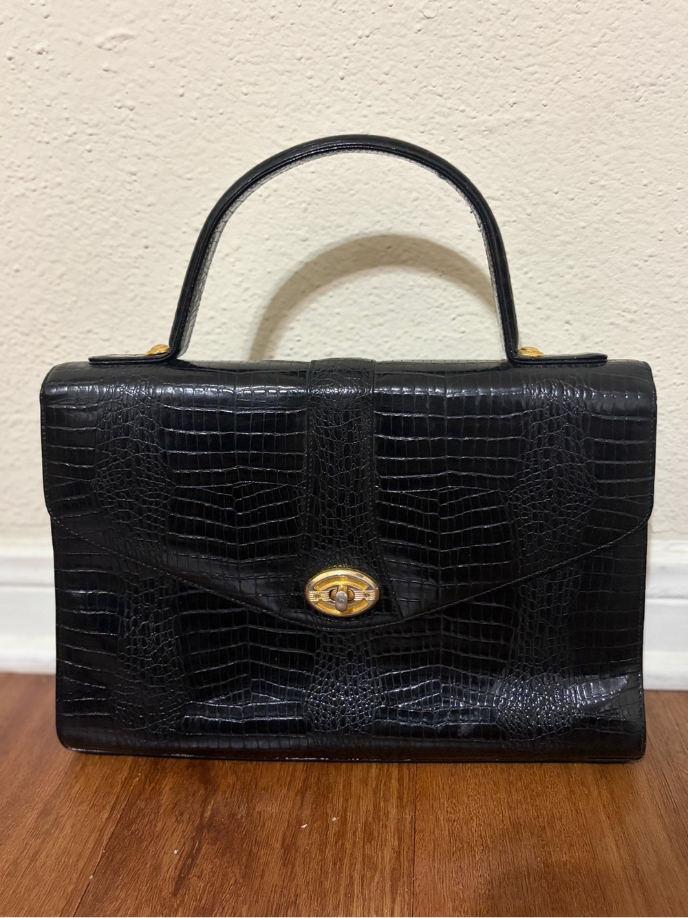 Vintage Black Croc-Embossed Satchel with Mixed Metals Hardware Medium Size VGUC